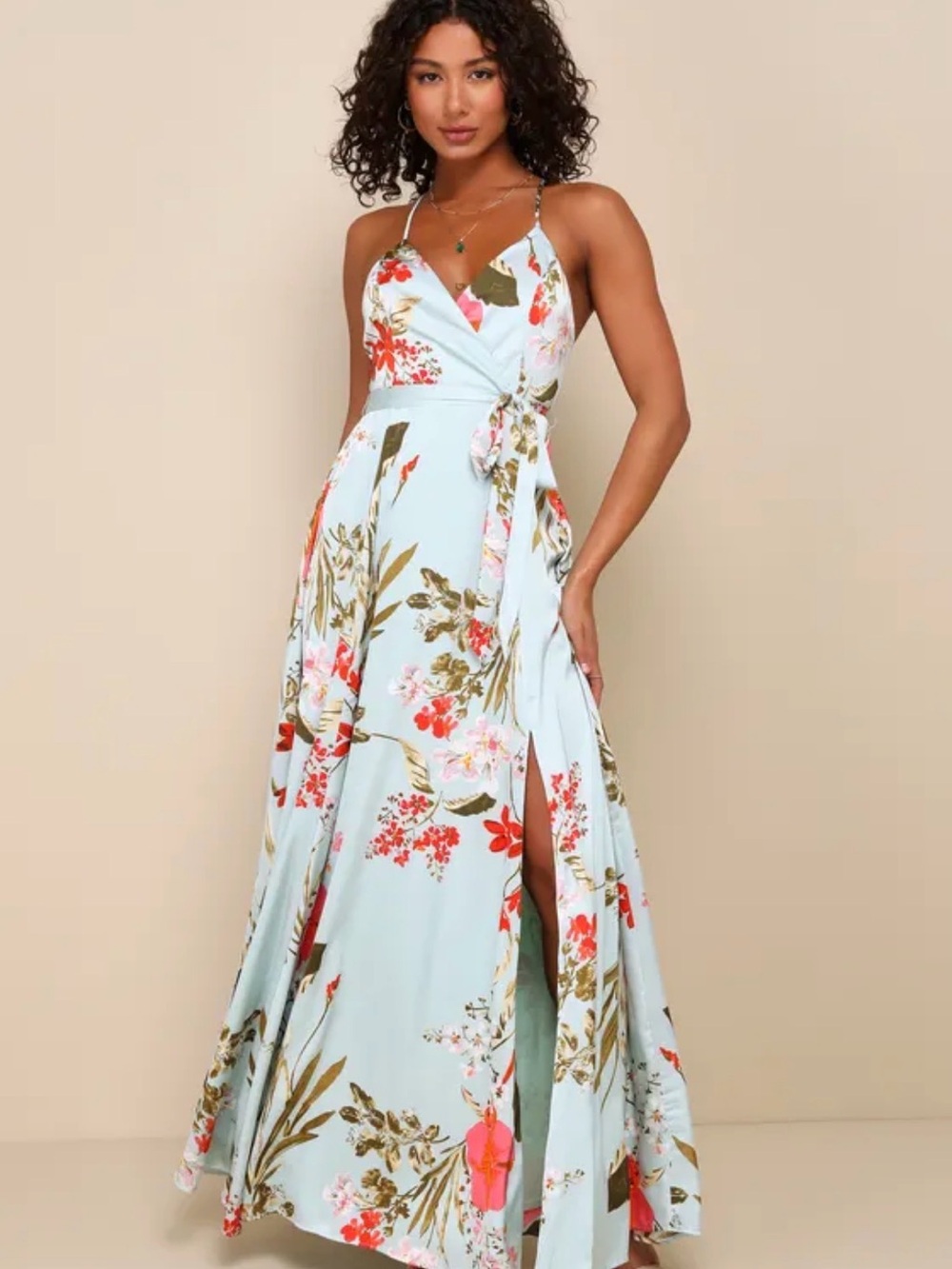 Lulu's Light Blue Floral Wrap Maxi Dress with Coral & Green Accents